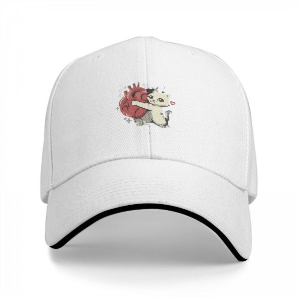 Black Baseball Cap With Cute White Cat Hugging Anatomical Heart Art