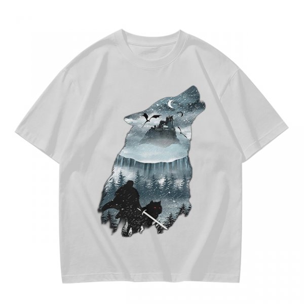 Olive T-Shirt With Howling Wolf Silhouette Winter Fantasy Art Print