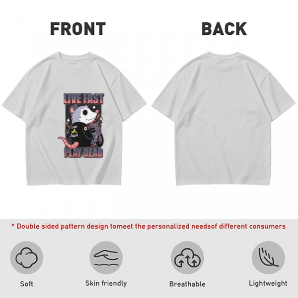 Olive t-shirt with live fast play dead opossum biker graphic