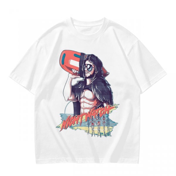 Olive Graphic T-Shirt with Muscular Figure Holding Red Device and Night Watch Text