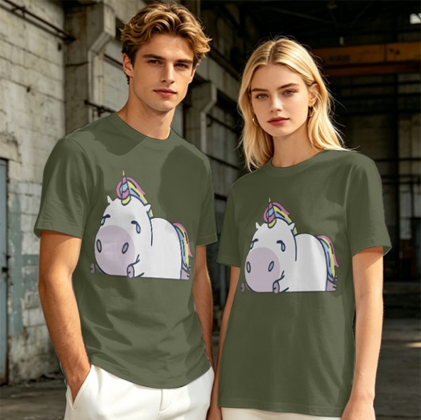 Olive Green T-Shirt With Crying Chubby Unicorn Rainbow Print