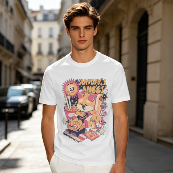 Olive t-shirt with Sunday's Vibes Shiba Inu relaxing graphic