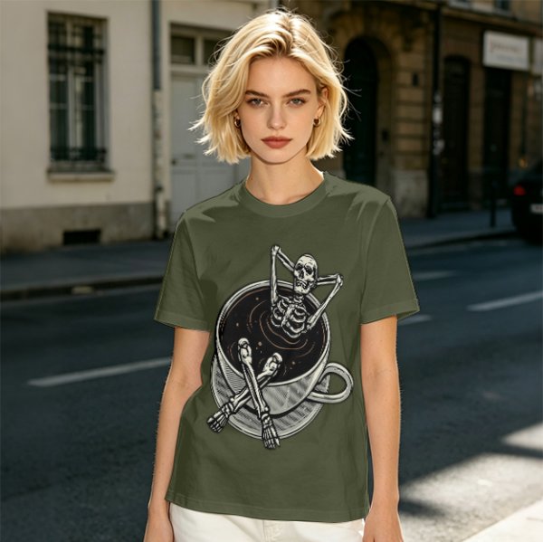 Olive T-shirt with skeleton relaxing in coffee cup graphic