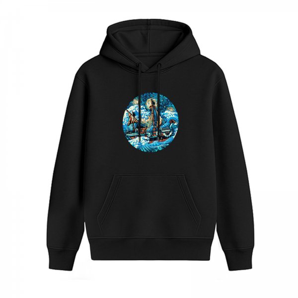Black Hoodie With Stormy Sea Sailing Ship Graphic Print
