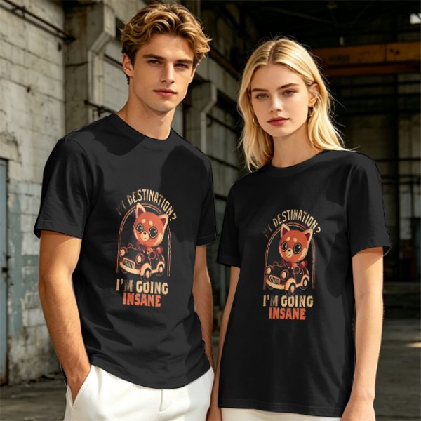 Olive T-Shirt With Red Panda Driving Car 'Destination? I'm Going Insane' Print