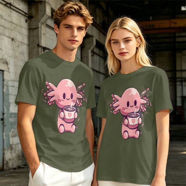 Olive T-Shirt With Cute Axolotl Holding Hot Drink Print