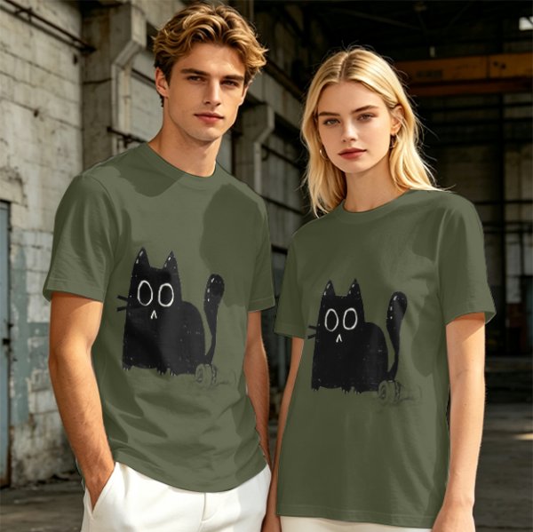 Oversized Army Green T-Shirt With Surprised Black Cat Graphic