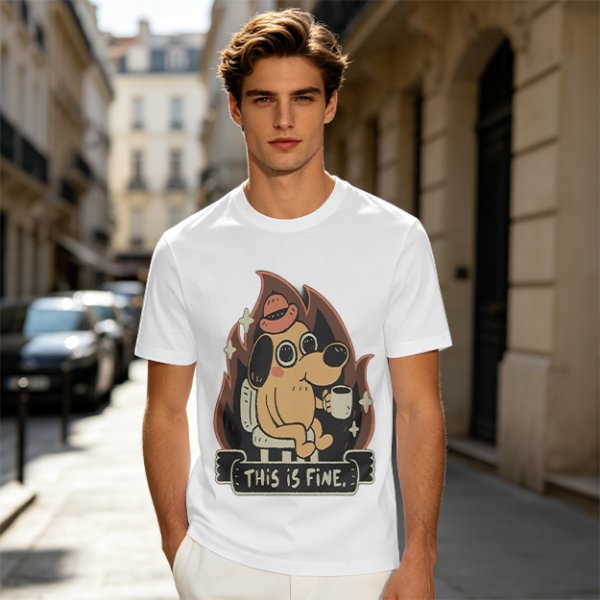 Olive T-Shirt Featuring the 'This Is Fine' Dog in Flames Holding Coffee
