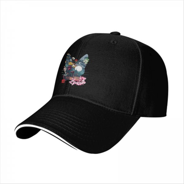 Black Baseball Cap With Cat Silhouette Cherry Blossom Landscape Art