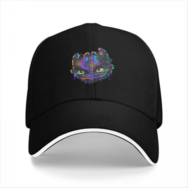 Black Baseball Cap With Neon Psychedelic Dragon Head Print