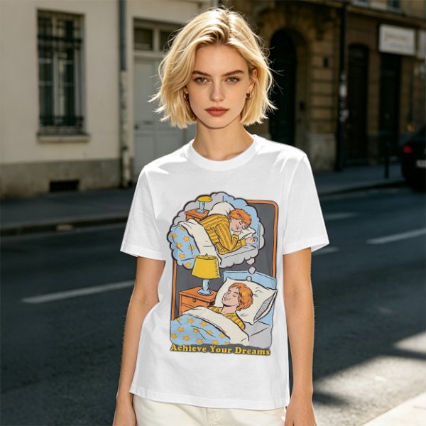 Olive graphic t-shirt with sleeping person and 'Achieve Your Dreams' text