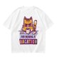 Olive t-shirt with a grumpy cat needing a vacation print
