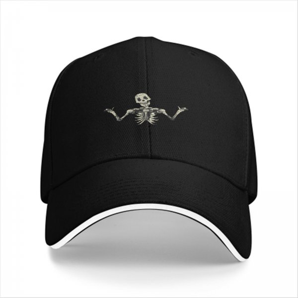 Black baseball cap with shrugging skeleton graphic