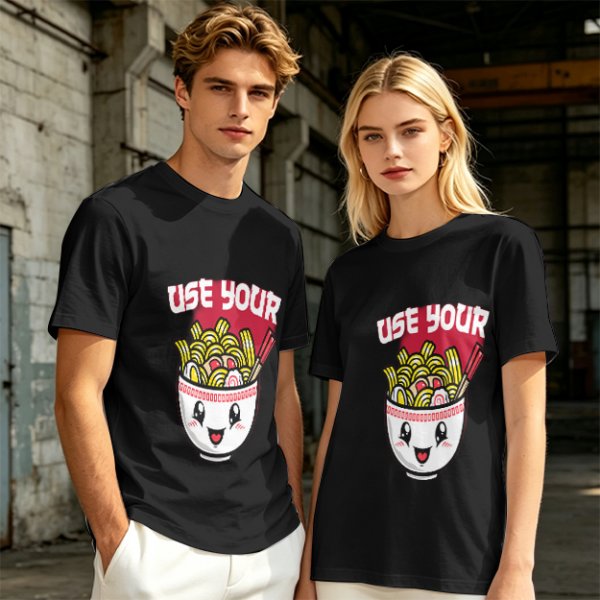 Olive T-Shirt With Cute Ramen Bowl Graphic And 'Use Your' Text