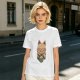 Olive green t-shirt with cute cat holding a mug print