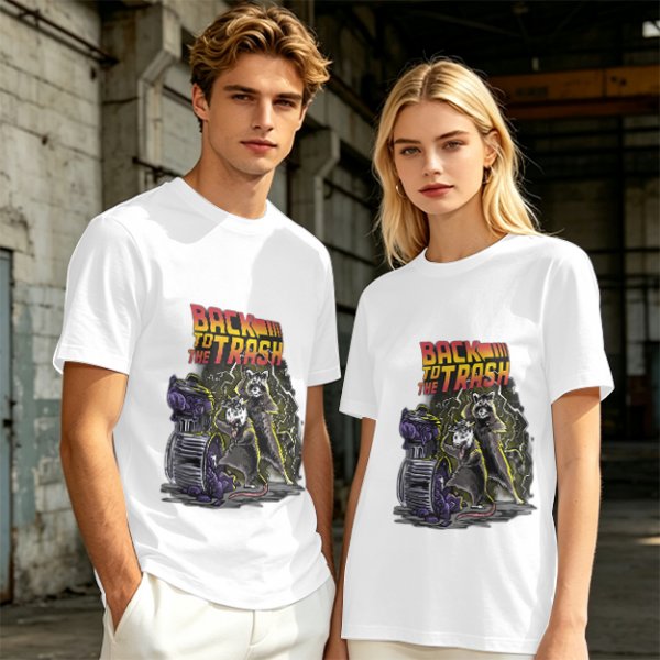 Olive graphic t-shirt with Back to the Trash raccoon design