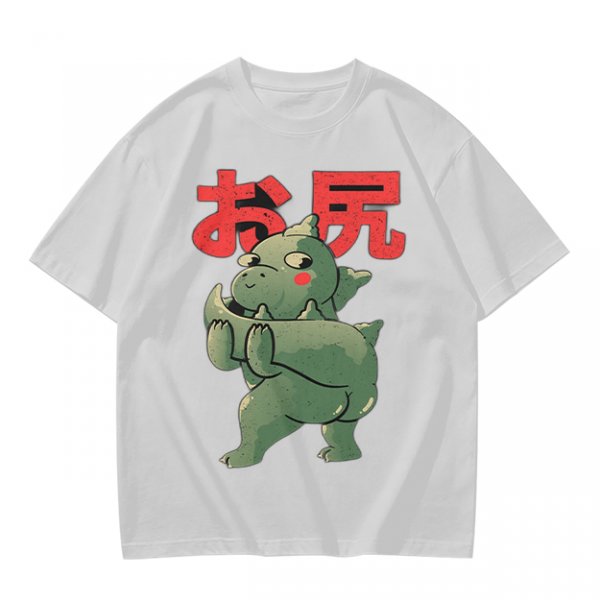Olive T-Shirt With Cute Dinosaur Holding Its Own Butt Japanese Print