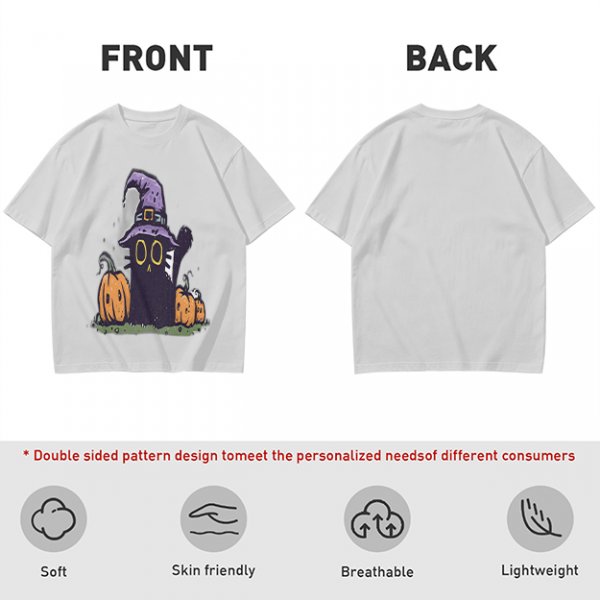 Olive Halloween T-Shirt with Black Cat Witch and Pumpkins