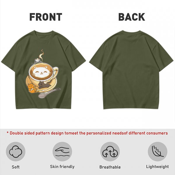 Olive Green T-Shirt With Cute Cat Latte Art And Kittens Print