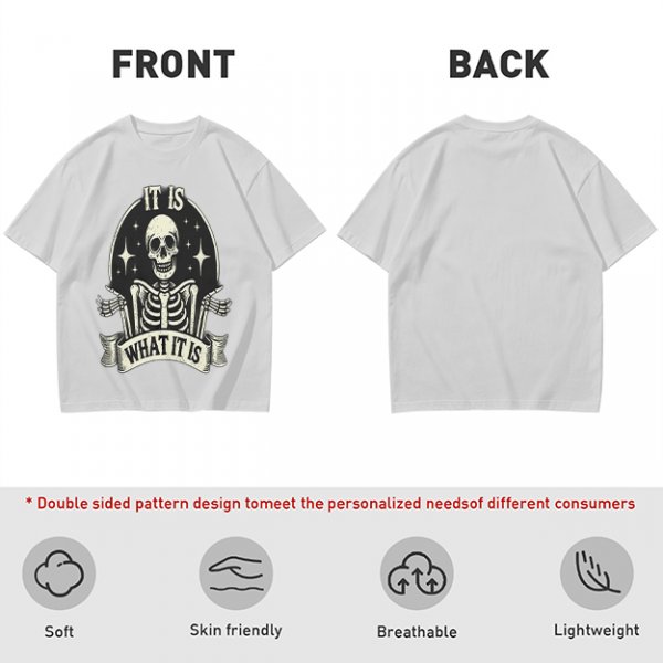 Olive t-shirt with skeleton graphic and 'It Is What It Is' text
