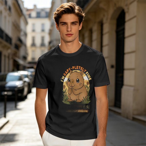 Olive t-shirt with cute capybara 'I'm capy-pletely fine' graphic