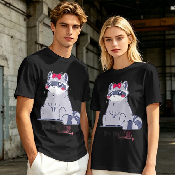 Olive T-shirt with Cute Raccoon Wearing Red Bow Graphic