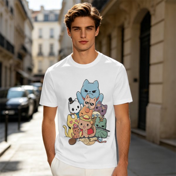 Olive T-Shirt With Chibi Pirate Cats Group Graphic
