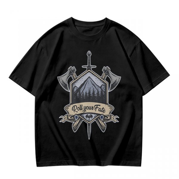 Olive T-Shirt With Viking Mountain Axe Sword 'Roll Your Fate' Print