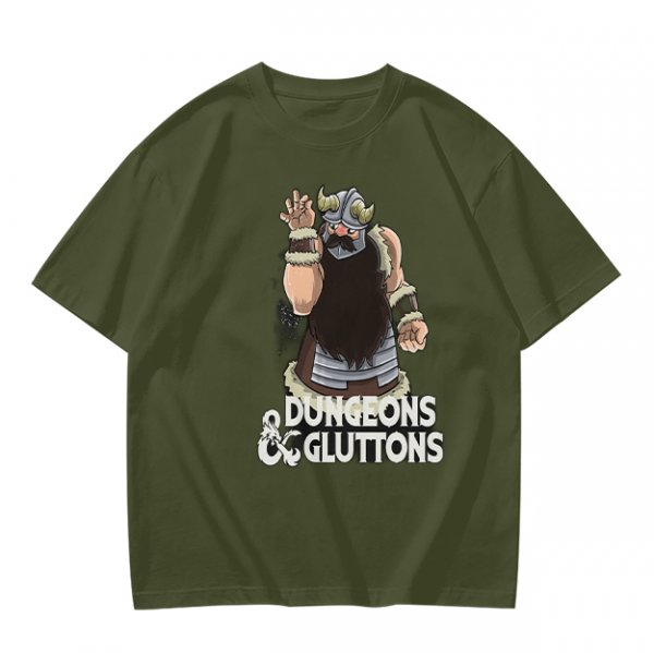 Olive T-Shirt with Dungeons & Gluttons Dwarf Viking Graphic