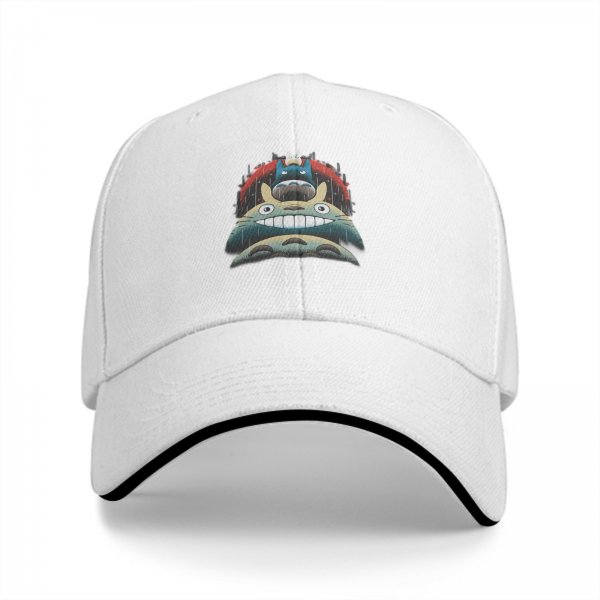 Black baseball cap with stacked Totoro characters in rainy scene