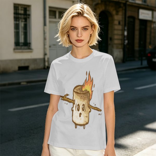 Olive T-Shirt With Surprised Burning Marshmallow Graphic