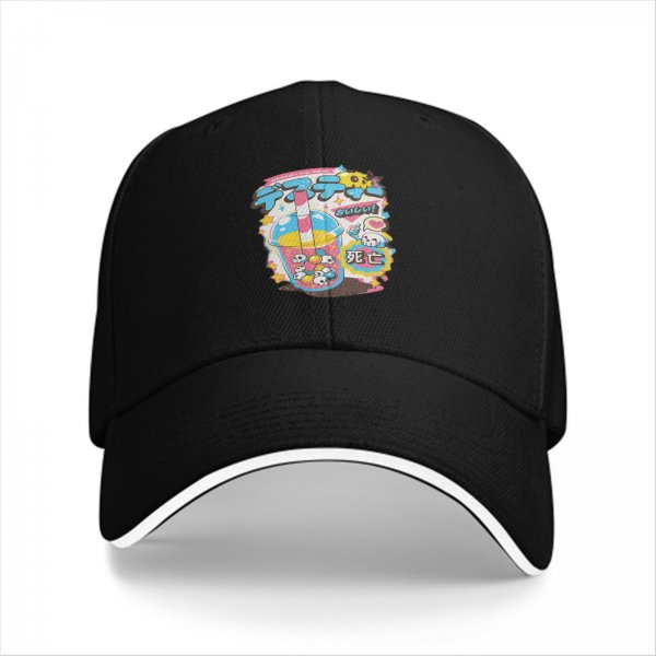 Black baseball cap with kawaii skull bubble tea graphic print