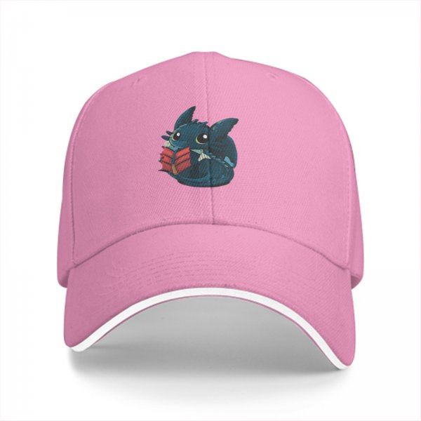 Black baseball cap with cute dragon reading a book graphic