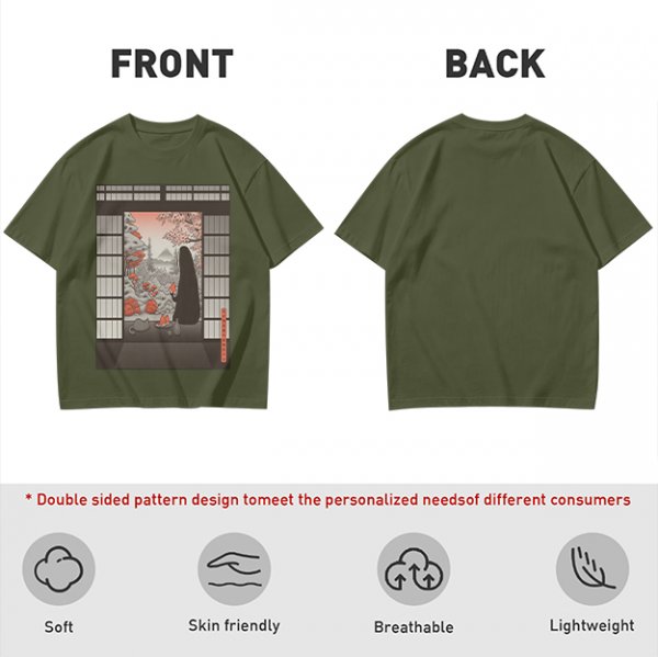 Olive T-Shirt with Japanese Shinto-inspired Window Landscape Print