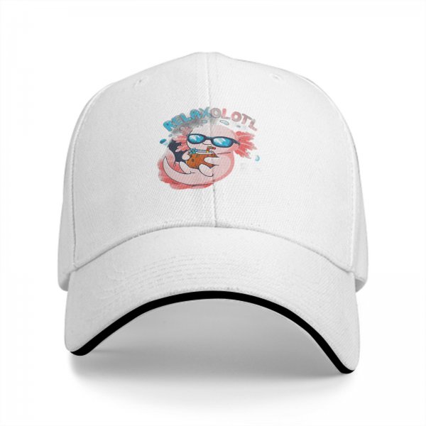 Black baseball cap with a relaxed axolotl graphic and 'RELAXOLOTL' text