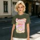 Olive green graphic t-shirt with cucumber juice themed print