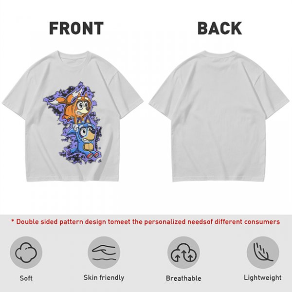 Olive green t-shirt with cartoon characters in cosplay graphic