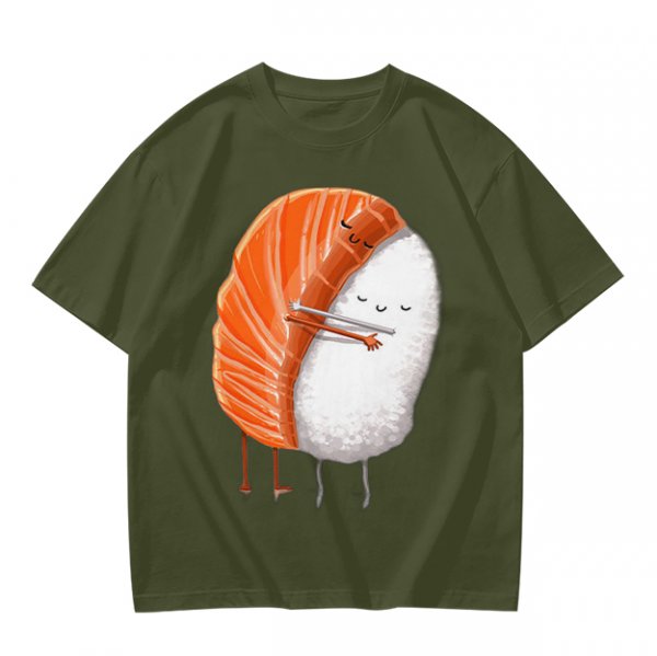 Olive T-shirt with Cute Hugging Salmon Sushi and Rice Print