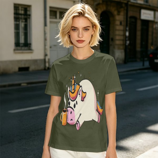 Olive T-Shirt With Tired Unicorn Holding Hot Coffee Print