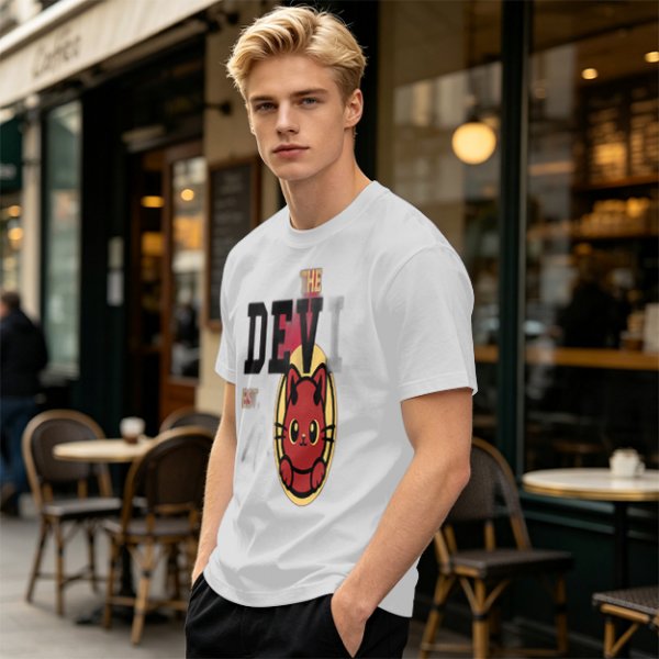 Olive T-Shirt with Red Devil Cat Graphic and The Dev Print