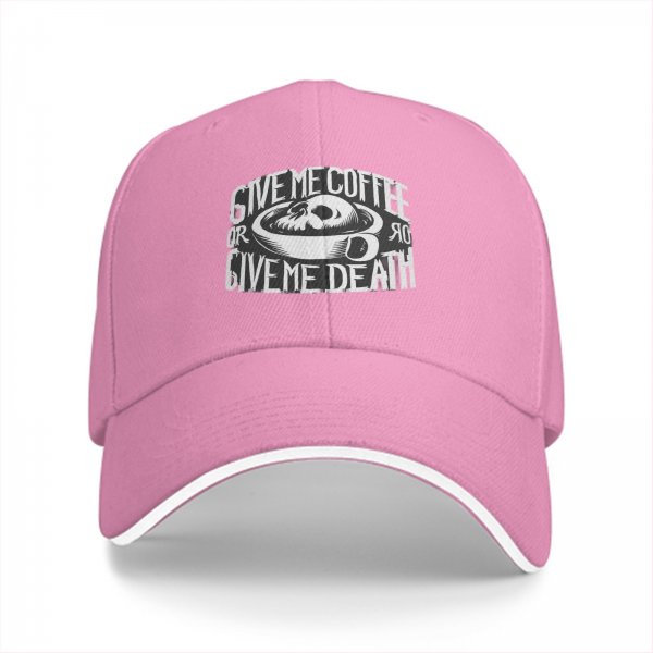 Black baseball cap with 'Give Me Coffee Or Give Me Death' skull graphic