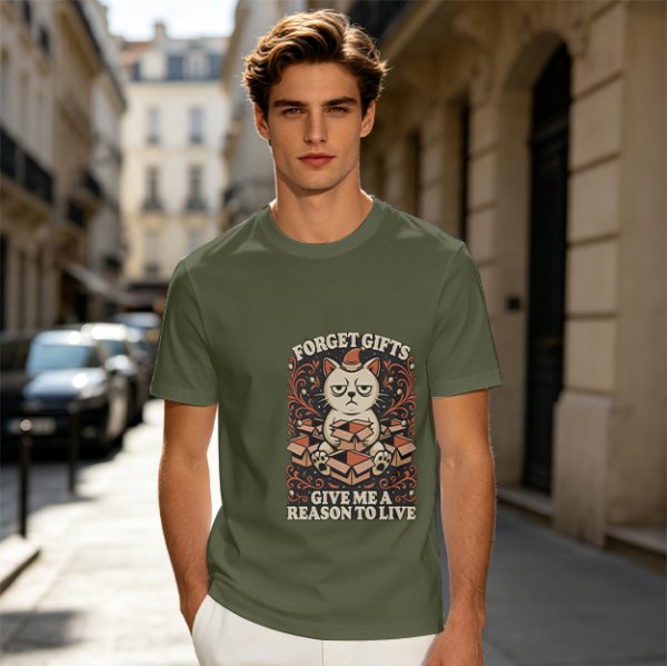 Olive t-shirt with grumpy cat holding boxes and text 'Forget Gifts Give Me A Reason To Live'