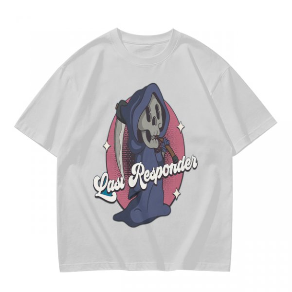 Olive T-Shirt with Cartoon Grim Reaper 'Last Responder' Print