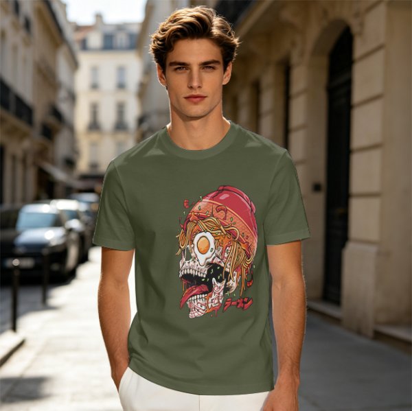 Olive T-Shirt With Ramen Skull Graphic Print