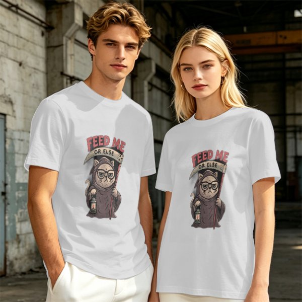 Olive T-shirt with Grim Reaper Cat 'Feed Me Or Else' Print