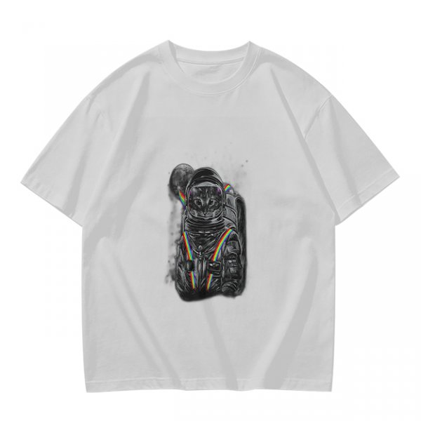 Olive T-Shirt With Astronaut Cat And Rainbow Accent Print