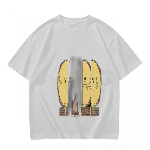 Olive T-Shirt With Funny Taco Characters Around A Campfire