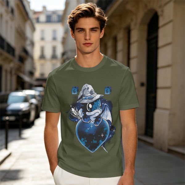 Olive T-Shirt With Cute Wizard Dragon On Starry Heart Print
