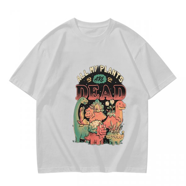 Olive graphic t-shirt with 'All My Plants Are Dead' dinosaur print