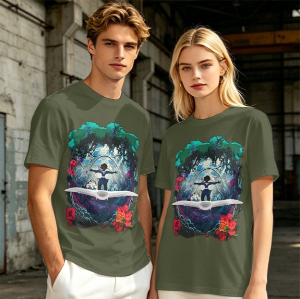 Olive T-shirt with fantasy forest glider rider graphic print